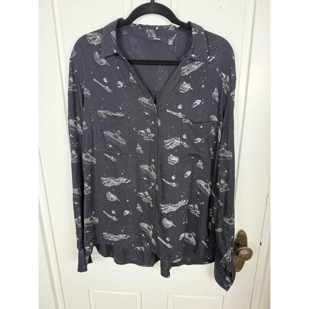 Betabrand Space Galactic Print Button Down Shirt Black XXL